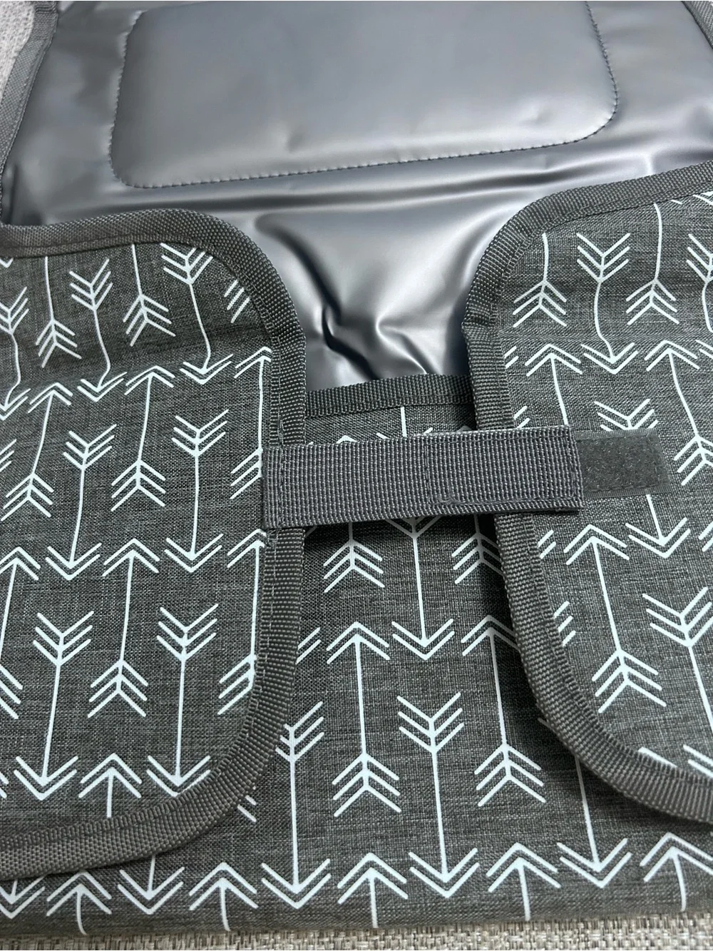 Grey & White Arrow Foldable Portable Changing Pad for Baby with Secure Buckle.